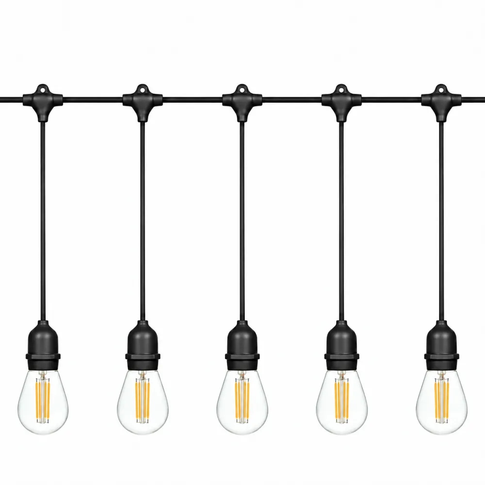 Ghirlanda Luminoasa 15M cu 15 Becuri LED, E27, 4W, Pendul 1M, Cablu Negru, Lumina Foarte Calda, Conectabila 495M, de Exterior