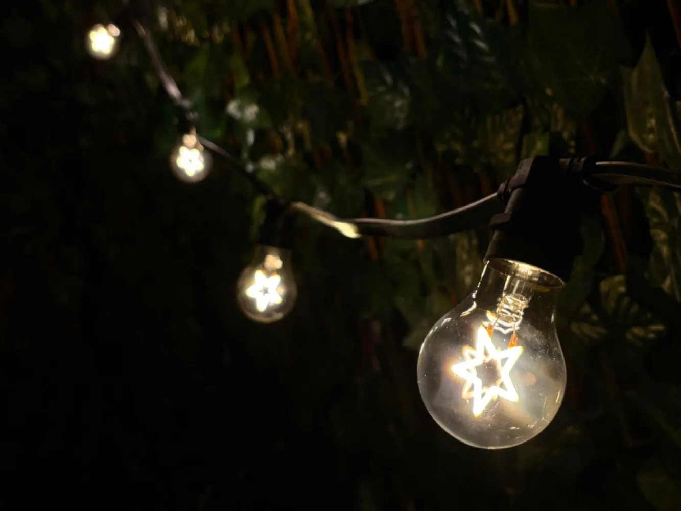 Ghirlandă Luminoasă 10M cu 20 Becuri Bec LED cu Filament Stea, 1.5W, din Sticla, E27, Dimabil, A60, Lumina Calda, de Exterior, Cablu Negru fără Pendul.