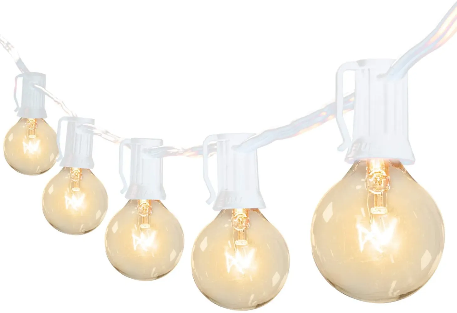 Ghirlanda Luminoasa 15M cu 50 Becuri Incandescente, E12, 7W + 5 Becuri Cadou, Cablu Alb, Lumina Foarte Calda, Conectabila 30M, de Exterior