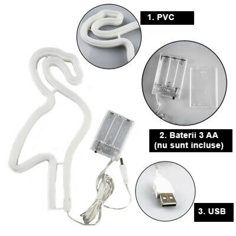 Lampa LED Neon Flamingo, Lumina Calda, cu Baterii si USB