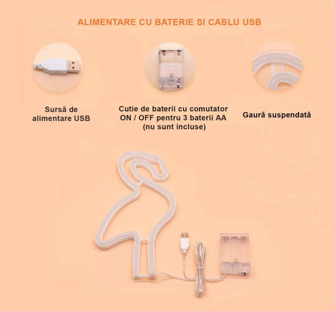 Lampa LED Neon Flamingo, Lumina Calda, cu Baterii si USB