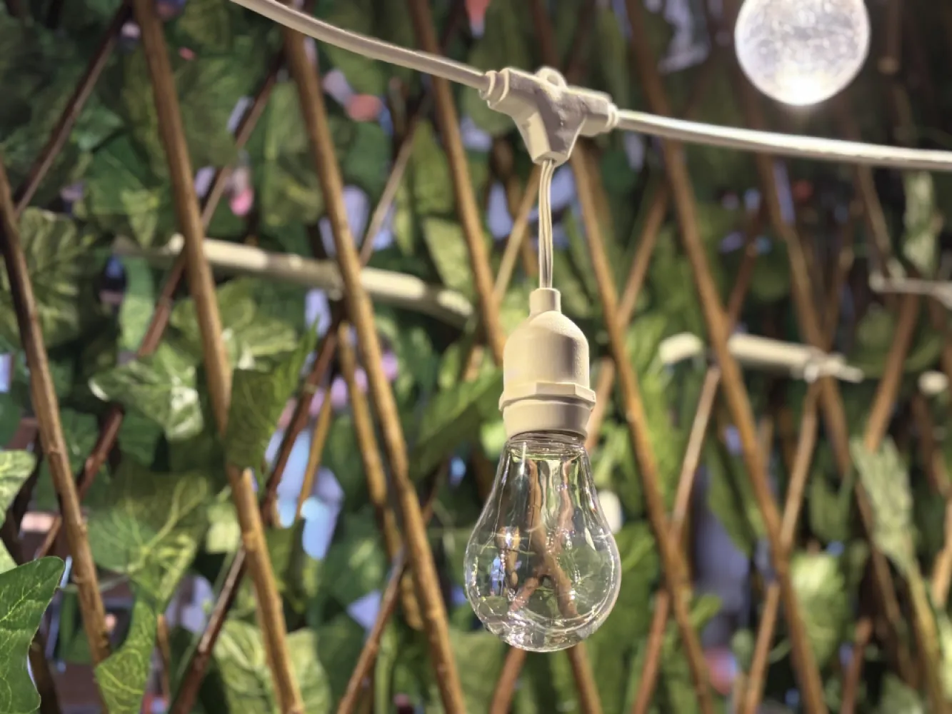 Ghirlandă Luminoasă 30M cu 30 Becuri Bec LED, 1.5W, din Plastic, Dimabil, E27, A60, Lumina Naturala, de Exterior, Cablu Alb cu Pendul de 10cm.