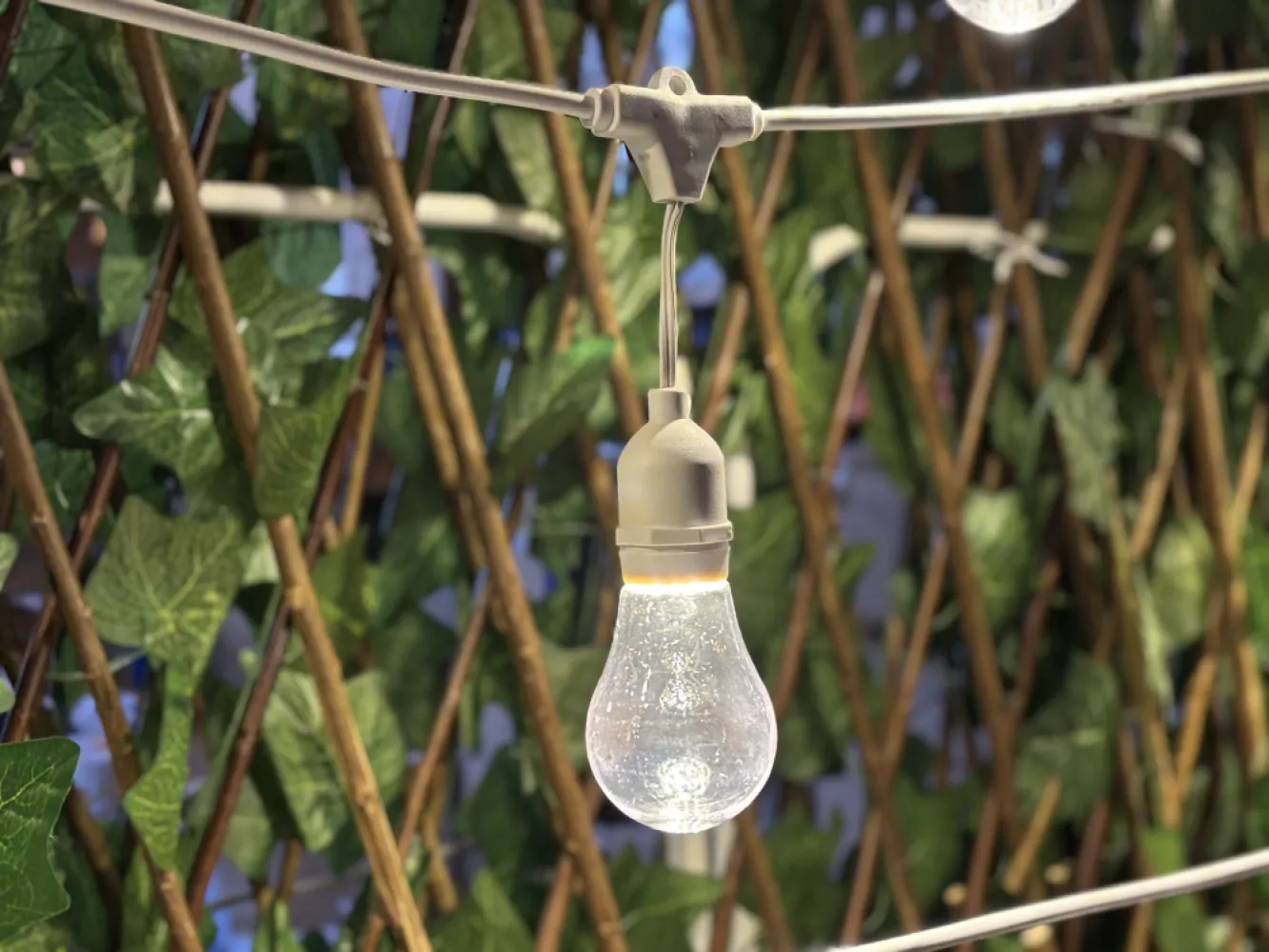 Ghirlandă Luminoasă 30M cu 30 Becuri Bec LED, 1.5W, din Plastic, Dimabil, E27, A60, Lumina Naturala, de Exterior, Cablu Alb cu Pendul de 10cm.
