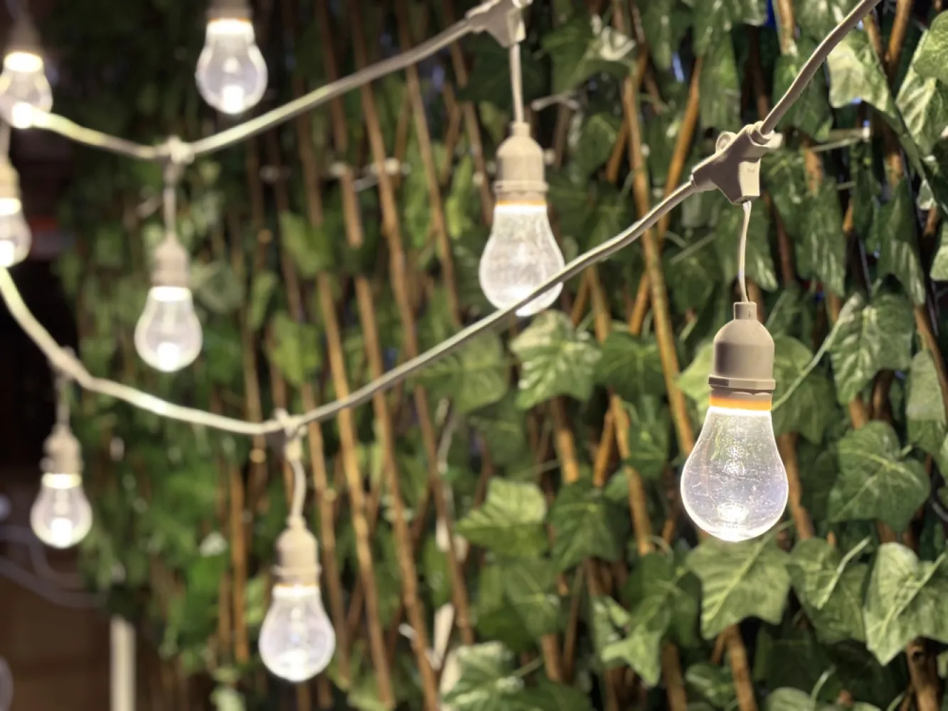 Ghirlandă Luminoasă 30M cu 30 Becuri Bec LED, 1.5W, din Plastic, Dimabil, E27, A60, Lumina Naturala, de Exterior, Cablu Alb cu Pendul de 10cm.
