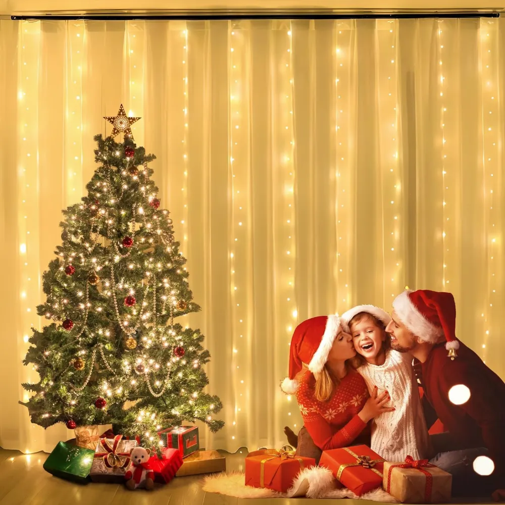 Perdea Luminoasa Decorativa din Cupru Argintiu 3M x 3M, 300 LEDuri, 8 Programe, Lumina Calda, cu Transformator si Telecomanda