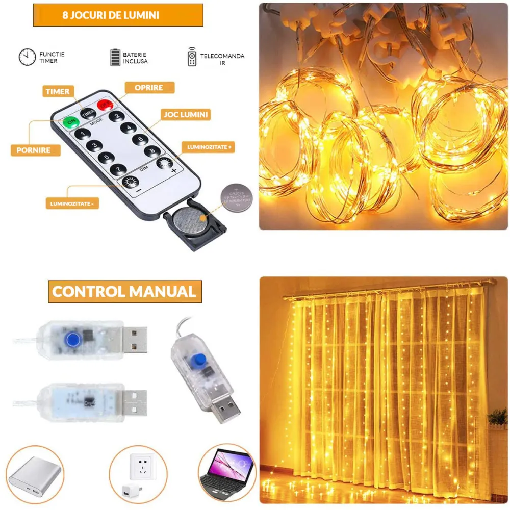Perdea Luminoasa Decorativa din Cupru Argintiu 3M x 3M, 300 LEDuri, 8 Programe, Lumina Calda, cu Transformator si Telecomanda