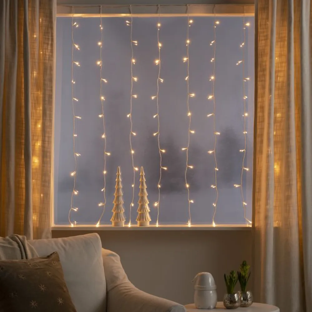 Perdea Luminoasa 3M x 1M, 120 LEDuri, Cablu Transparent, Lumina Calda, Conectabila 15M, de Exterior IP65