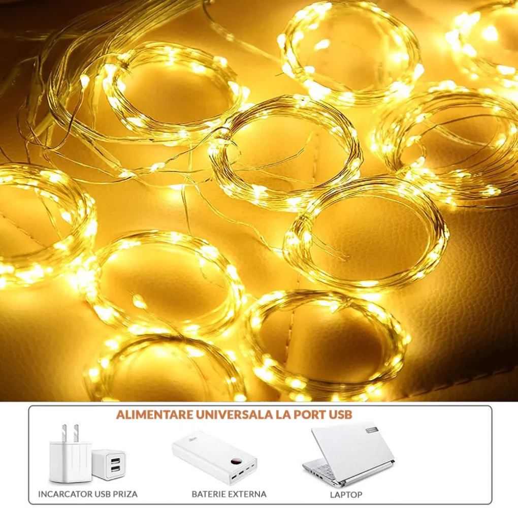 Perdea Luminoasa Ritmica din Cupru Argintiu 3M x 3M, 300 LEDuri, Lumina Calda, cu USB si Telecomanda, de Exterior