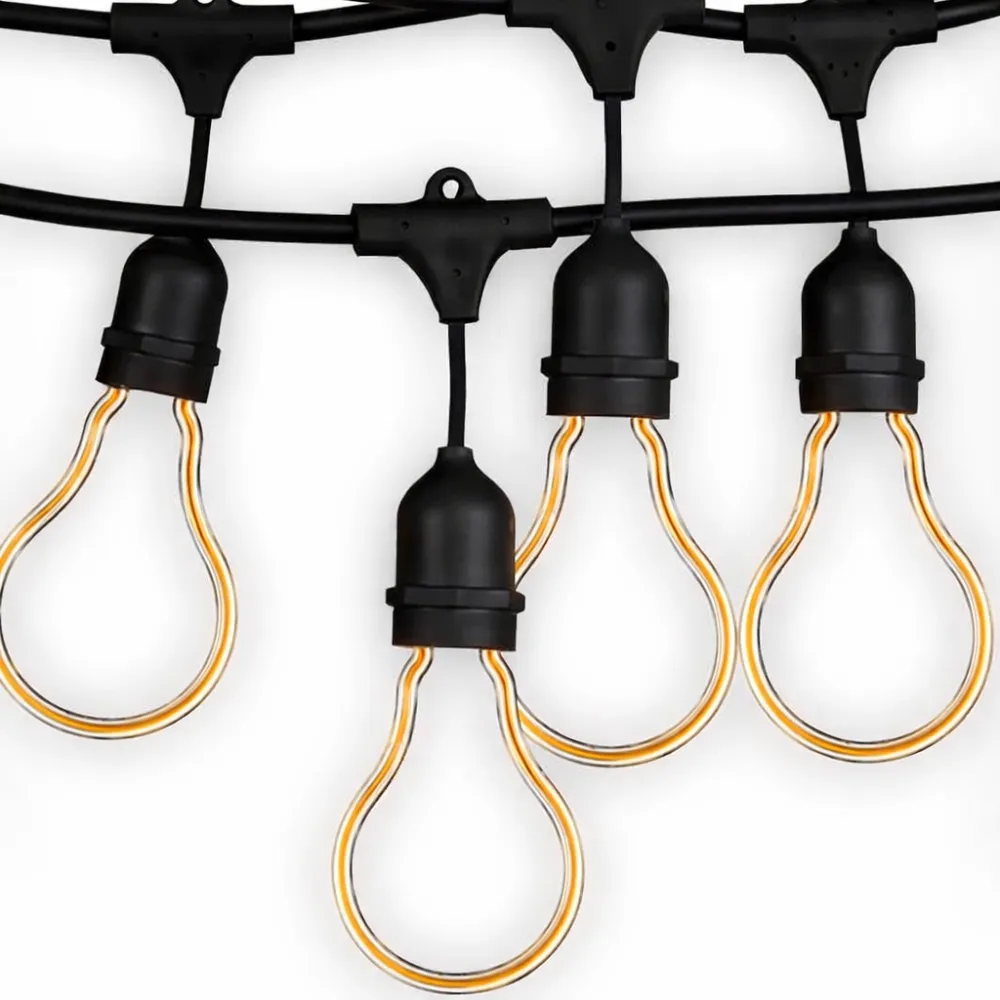 Ghirlandă Luminoasă 10M cu 20 Becuri Bec LED cu Efect Neon 4W, din Plastic, Dimabil, E27, A70, Lumina Foarte Calda, de Exterior, Cablu Negru cu Pendul de 10cm.