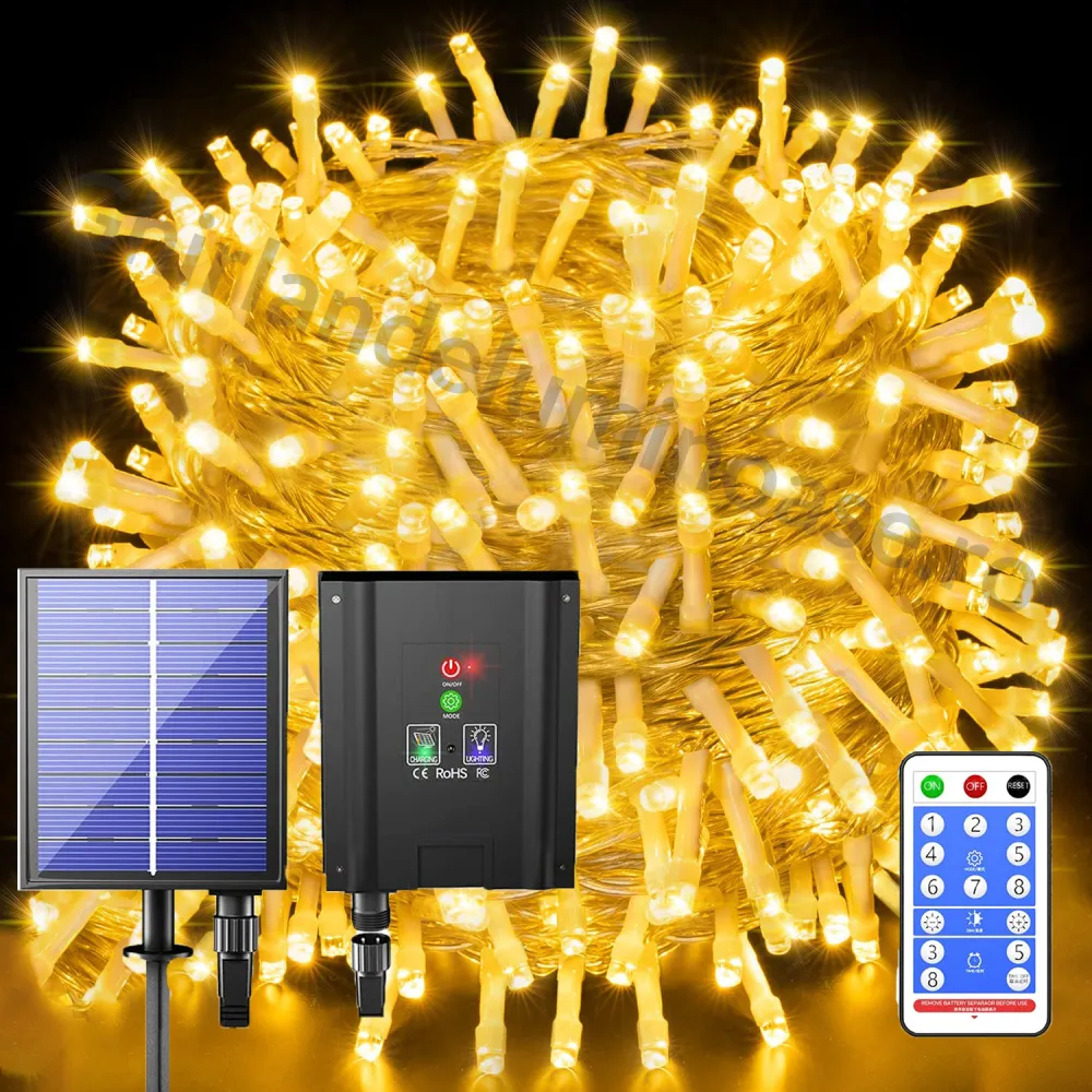 Ghirlanda Luminoasa Solara 30M cu 300 LEDuri, 8 Programe, Lumina Calda, cu Telecomanda