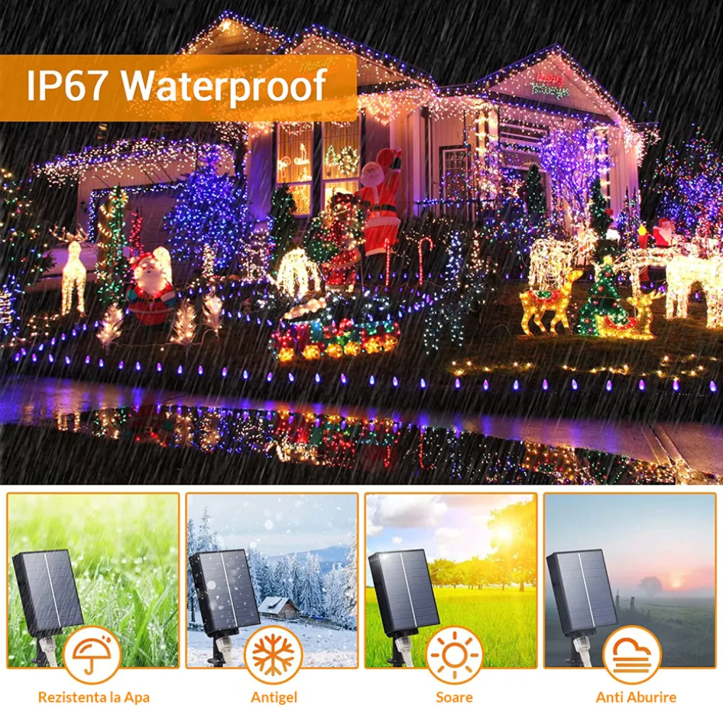 Ghirlanda Luminoasa Solara 40M cu 400 LEDuri, 8 Programe, Lumina Calda, cu Telecomanda