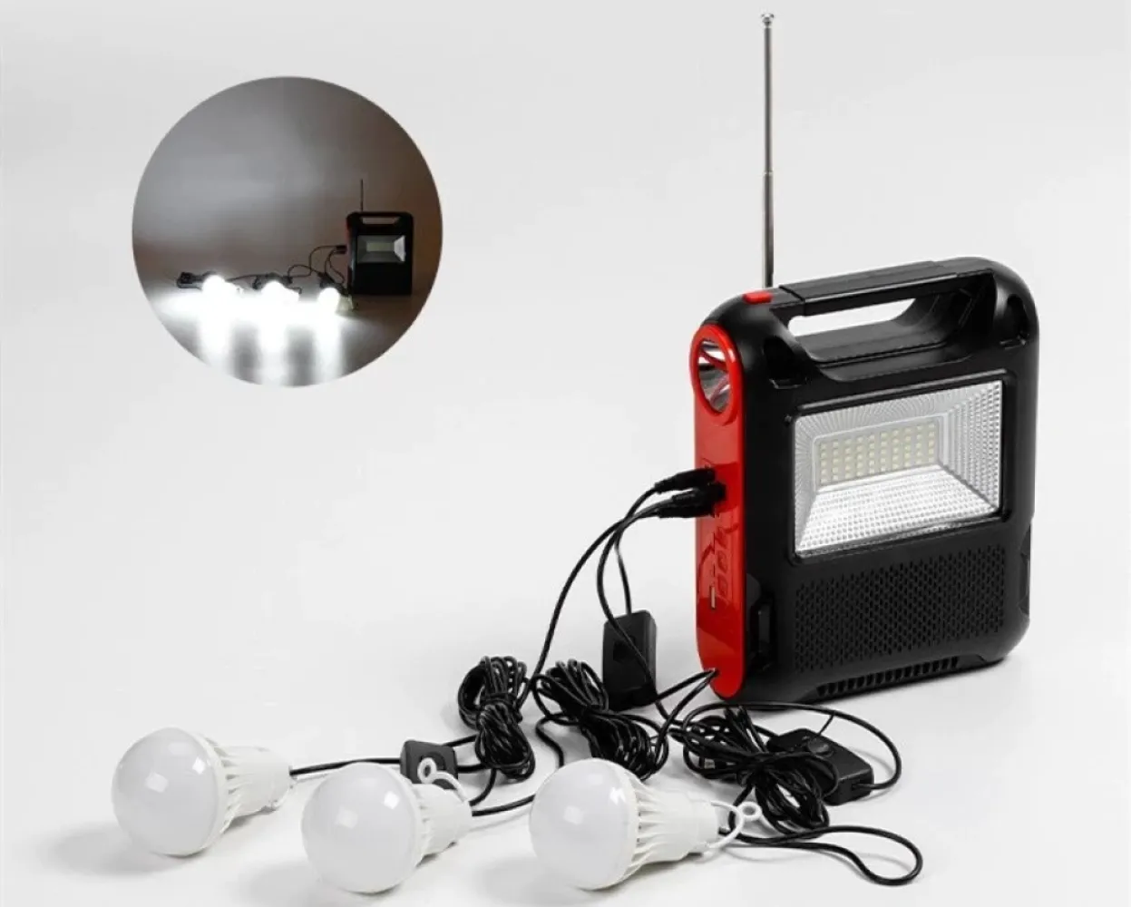 Kit Solar de Urgenta cu Acumulator, Lanterna, USB/TF, FM Radio, MP3, Bluetooth si 3 Becuri LED