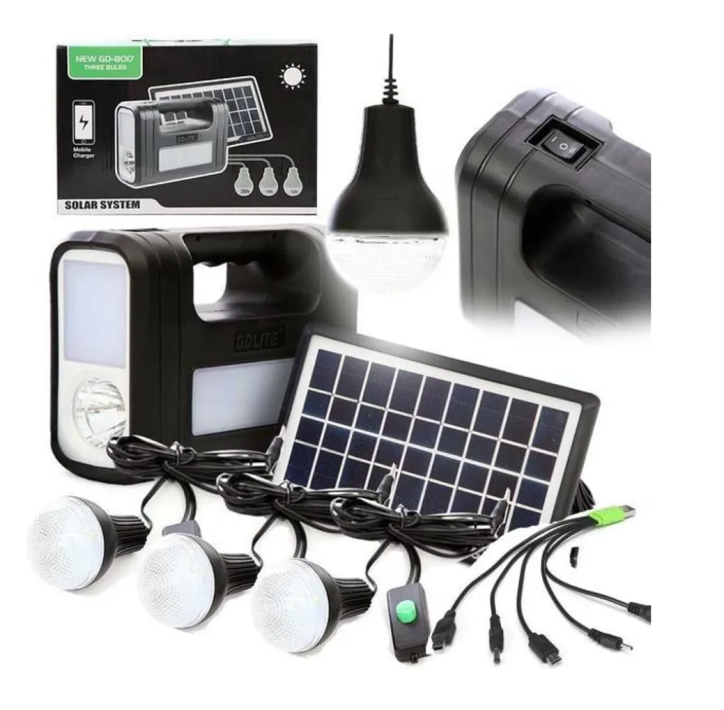 Kit Solar de Urgenta cu Acumulator, Lanterna, 2 Lampi LED, USB si 3 Becuri LED