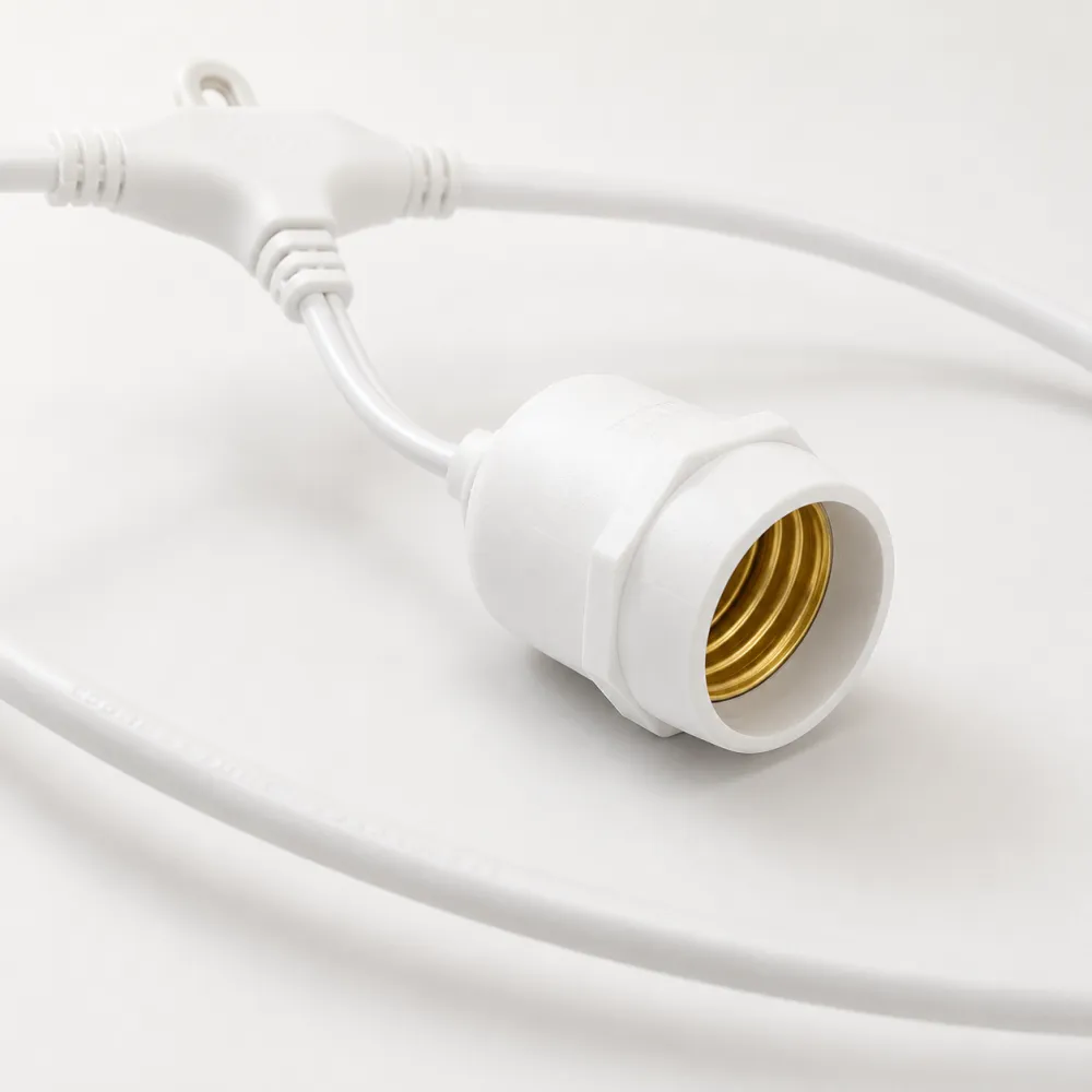Ghirlandă Luminoasă 25M cu 50 Becuri Bec LED Alb Mat Para, 1W, Din Plastic, Dimabil, E27, S14, Lumina Calda, de Exterior, Cablu Alb cu Pendul de 10cm.