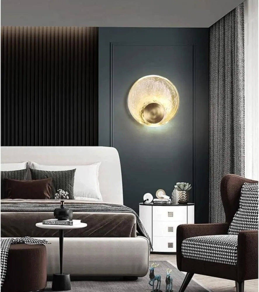 Lampa de Perete cu LED, din Sticla si Cupru Auriu, Lumina Calda, Diametru 25 cm