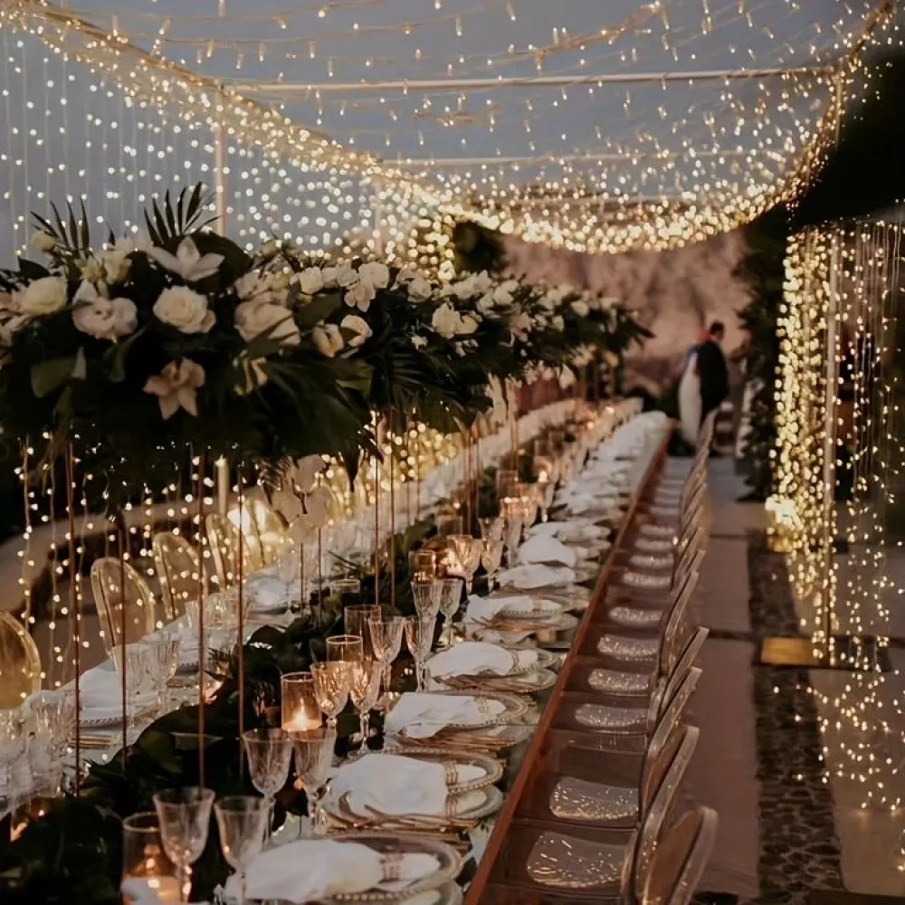 Perdea Luminoasa 2M x 15M, 3000 LEDuri, Cablu Alb, Lumina Calda, Conectabila 14M, de Exterior