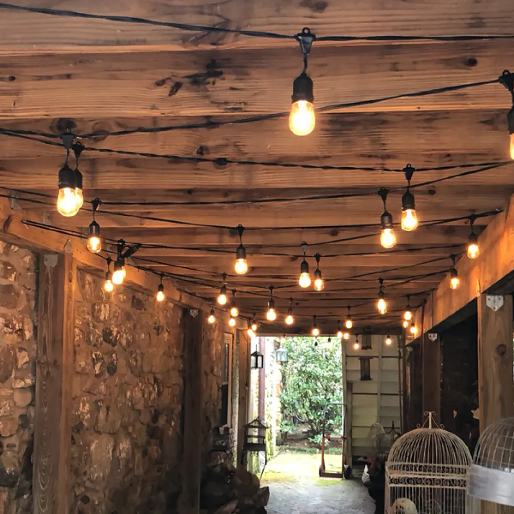 Ghirlanda Luminoasa 5M cu 5 Becuri LED, E27, 2W, cu Pendul, Cablu Negru, Lumina Calda, Conectabila 500M, de Exterior