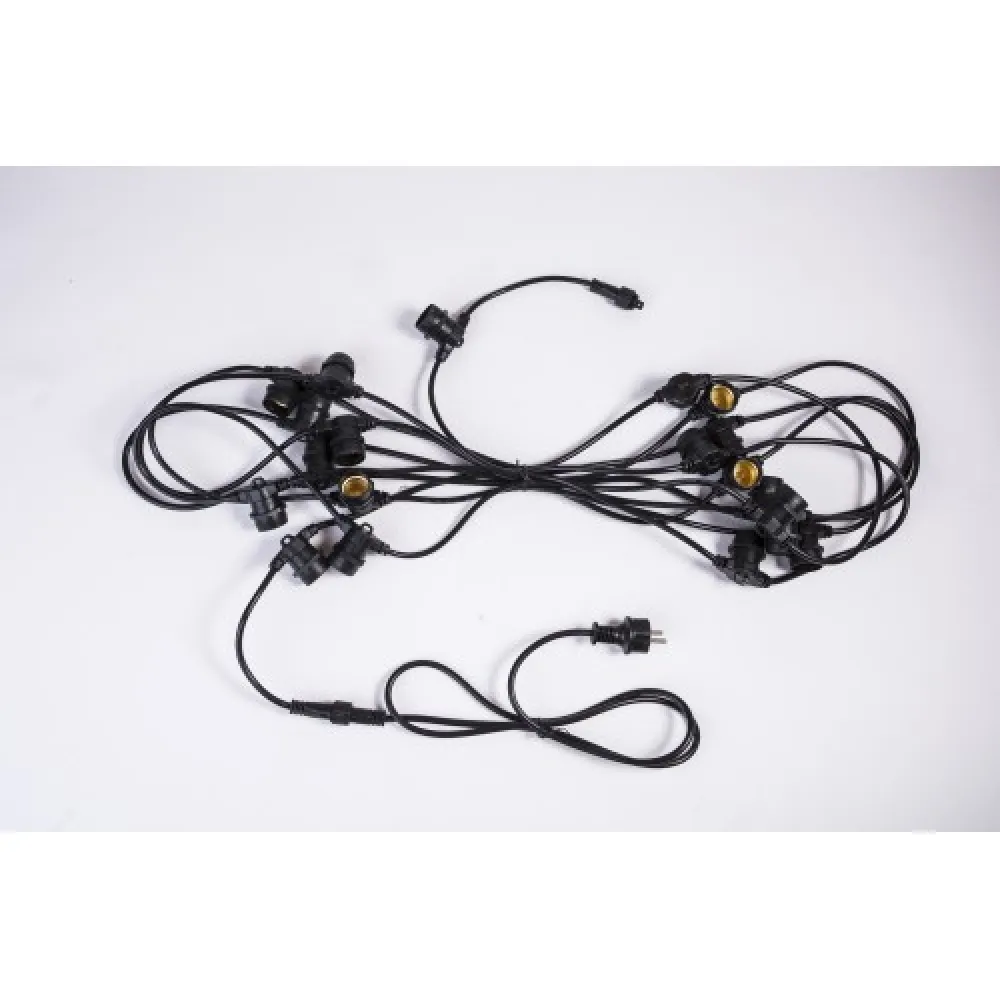 Ghirlanda Luminoasa 10M cu 20 Becuri LED, E27, 2W, Cablu Plat, Negru, Lumina Calda, Conectabila 250M, de Exterior