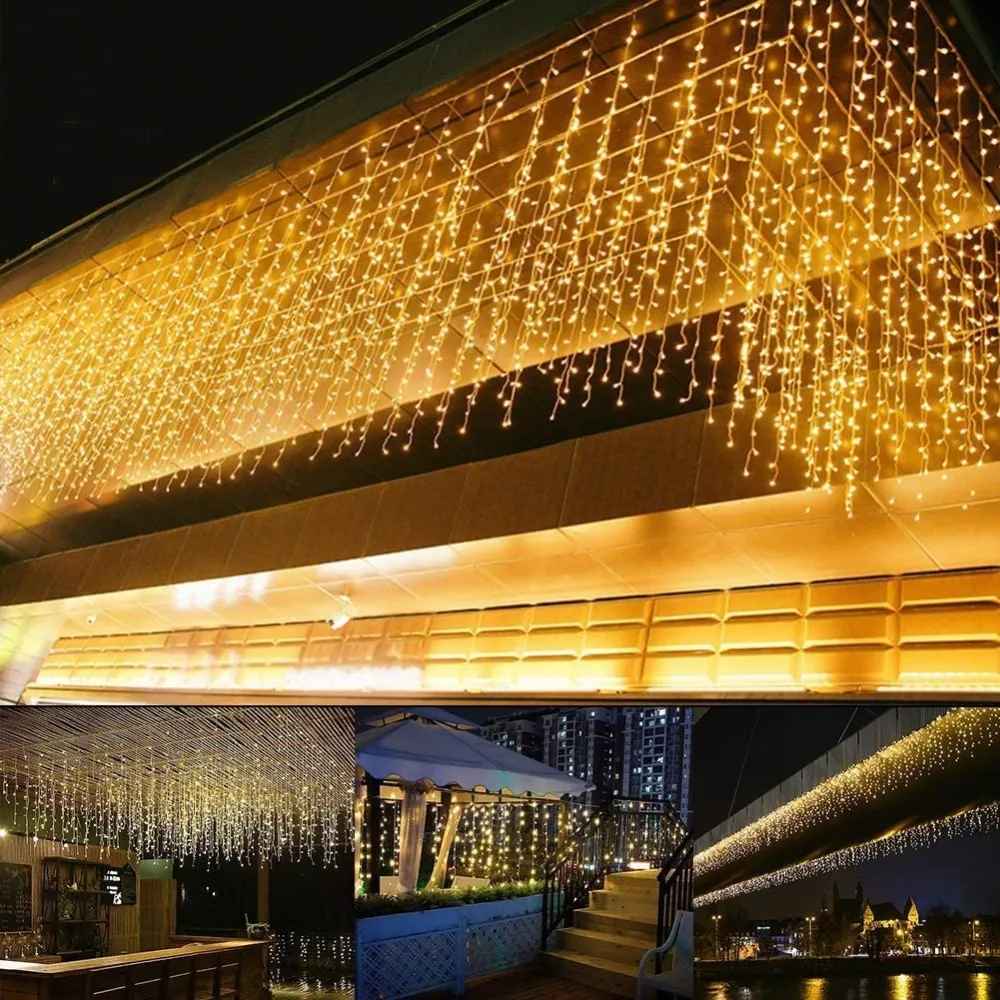 Perdea Luminoasa 4M x 0.6M, 144 LEDuri, Cablu Transparent, Lumina Calda, Conectabila 32M, de Exterior