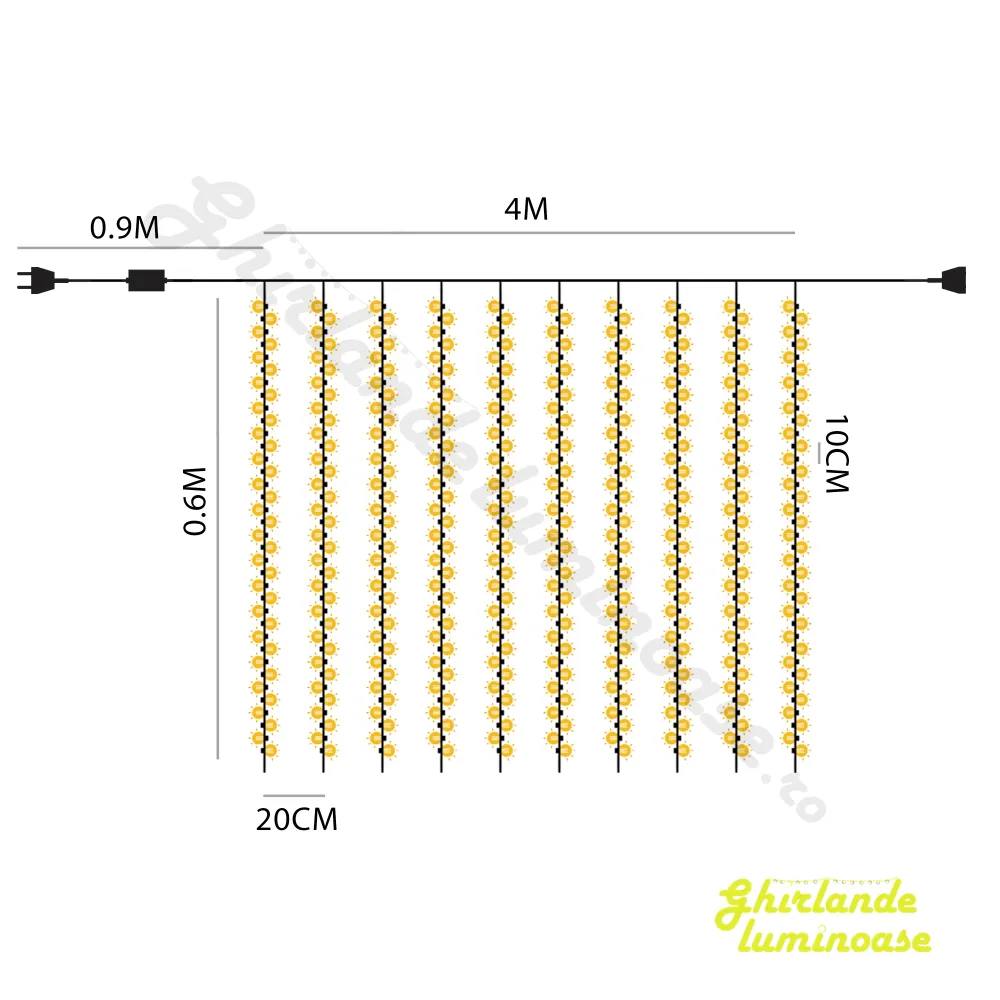 Perdea Luminoasa 4M x 0.6M, 144 LEDuri, Cablu Transparent, Lumina Calda, Conectabila 32M, de Exterior