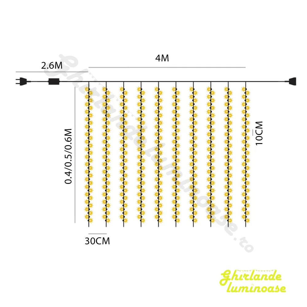 Perdea Luminoasa 4M x 0.3M, 0.4M, 0.5M, 120 LEDuri, Cablu Transparent, Lumina Calda, Conectabila 32M, de Exterior