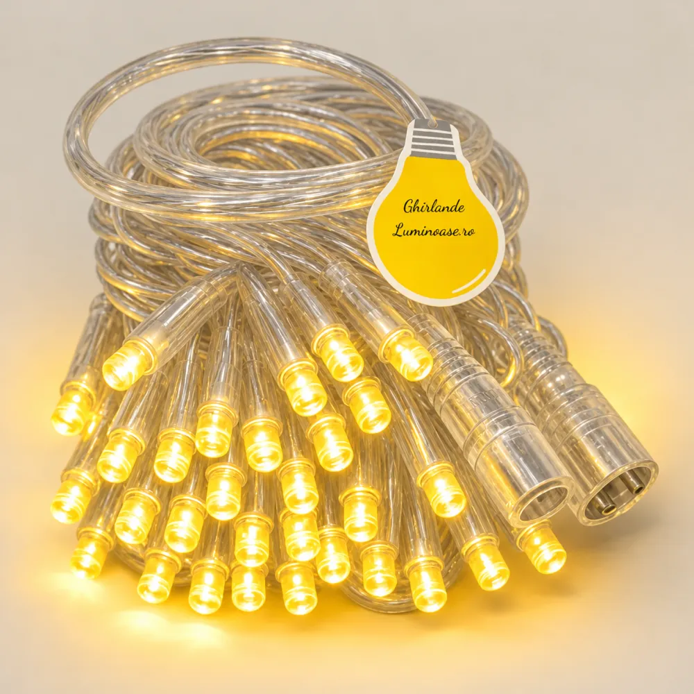 Ghirlanda Luminoasa Decorativa 20M cu 200 LEDuri, Cablu Transparent, Lumina Calda, Conectabila 300M, de Exterior IP65