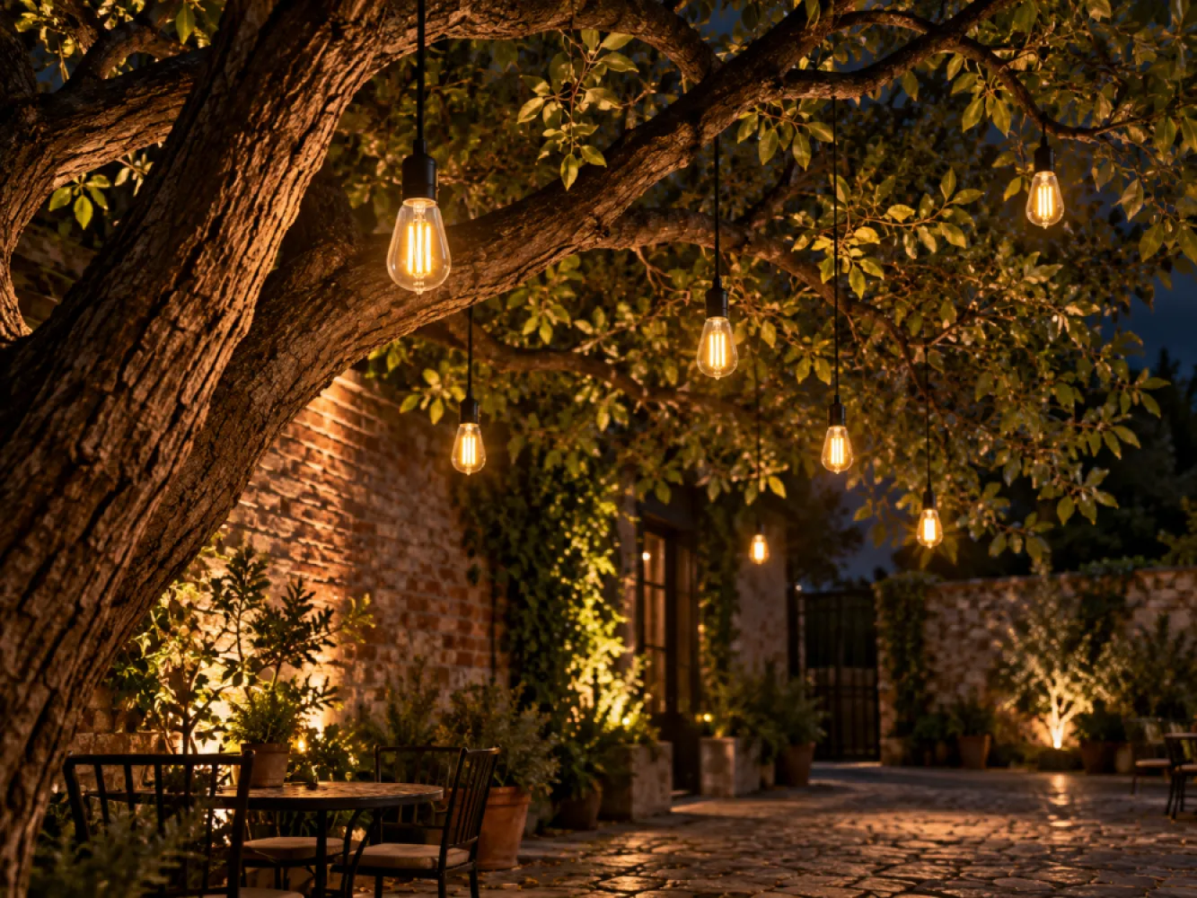 Ghirlanda Luminoasa 15M cu 15 Becuri LED, E27, 4W, Pendul Variabil 0.5 si 1M, Cablu Negru, Lumina Calda, Conectabila 240M, de Exterior