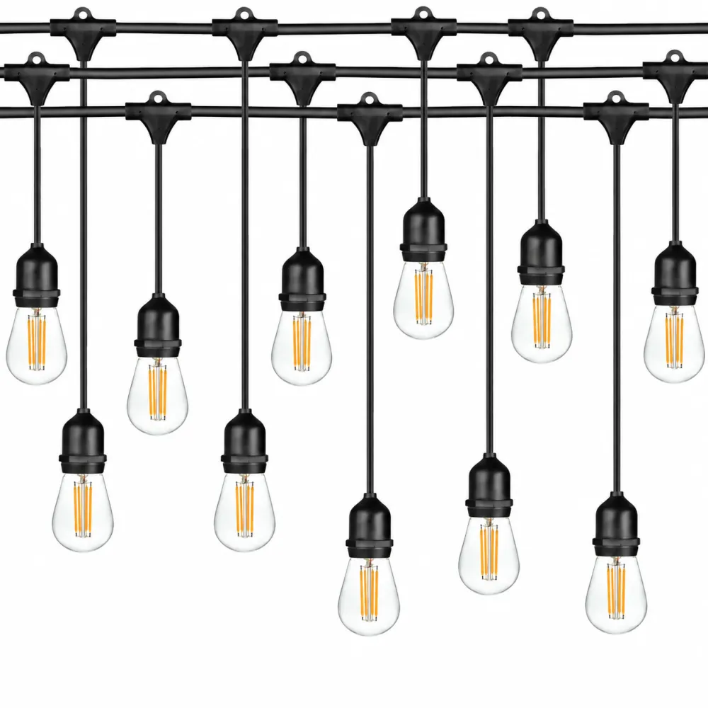 Ghirlanda Luminoasa 15M cu 15 Becuri LED, E27, 4W, Pendul Variabil 0.5 si 1M, Cablu Negru, Lumina Calda, Conectabila 240M, de Exterior