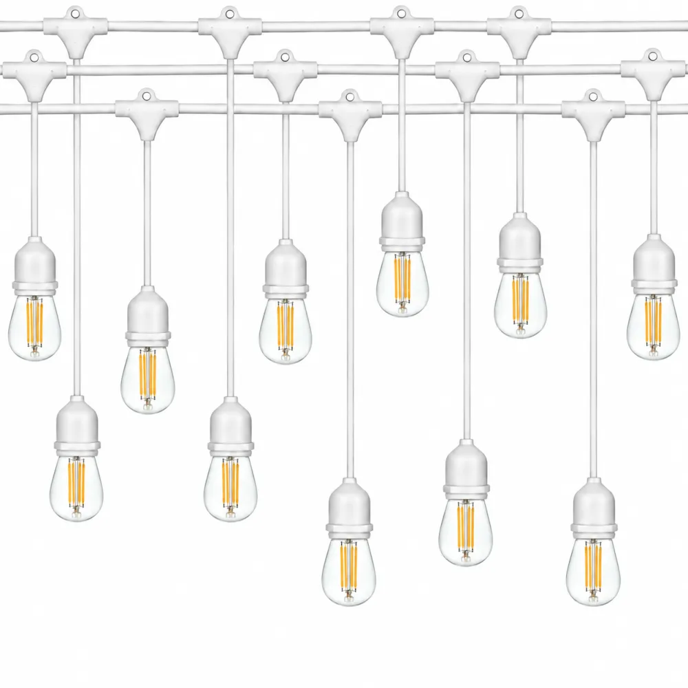 Ghirlanda Luminoasa 15M cu 15 Becuri LED, E27, 4W, Pendul Variabil 0.5 si 1M, Cablu Alb, Lumina Calda, Conectabila 240M, de Exterior