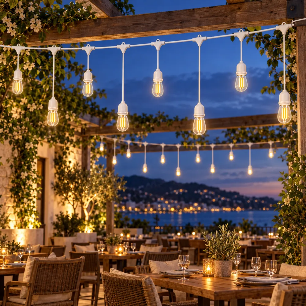 Ghirlanda Luminoasa 15M cu 15 Becuri LED, E27, 4W, Pendul Variabil 0.5 si 1M, Cablu Alb, Lumina Calda, Conectabila 240M, de Exterior