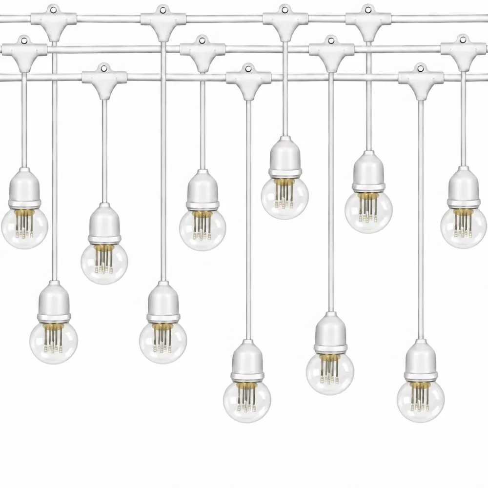 Ghirlanda Luminoasa 15M cu 15 Becuri LED Retro cu 9 LEDuri, 1W, din Plastic, E27, 1W, Pendul Variabil 0.5 si 1M, Cablu Alb, Lumina Calda, Conectabila 240M, de Exterior
