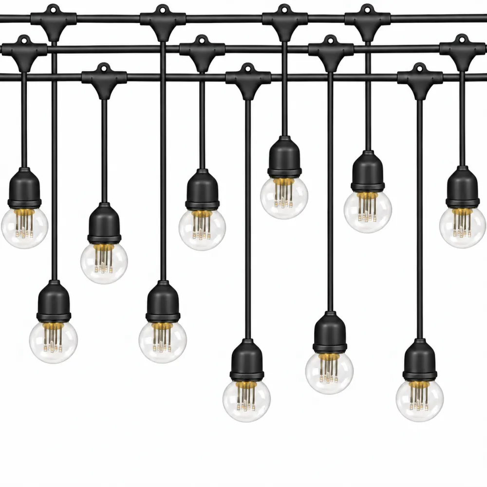 Ghirlanda Luminoasa 15M cu 15 Becuri LED Retro cu 9 LEDuri, 1W, din Plastic, E27, 1W, Pendul Variabil 0.5 si 1M, Cablu Negru, Lumina Calda, Conectabila 240M, de Exterior