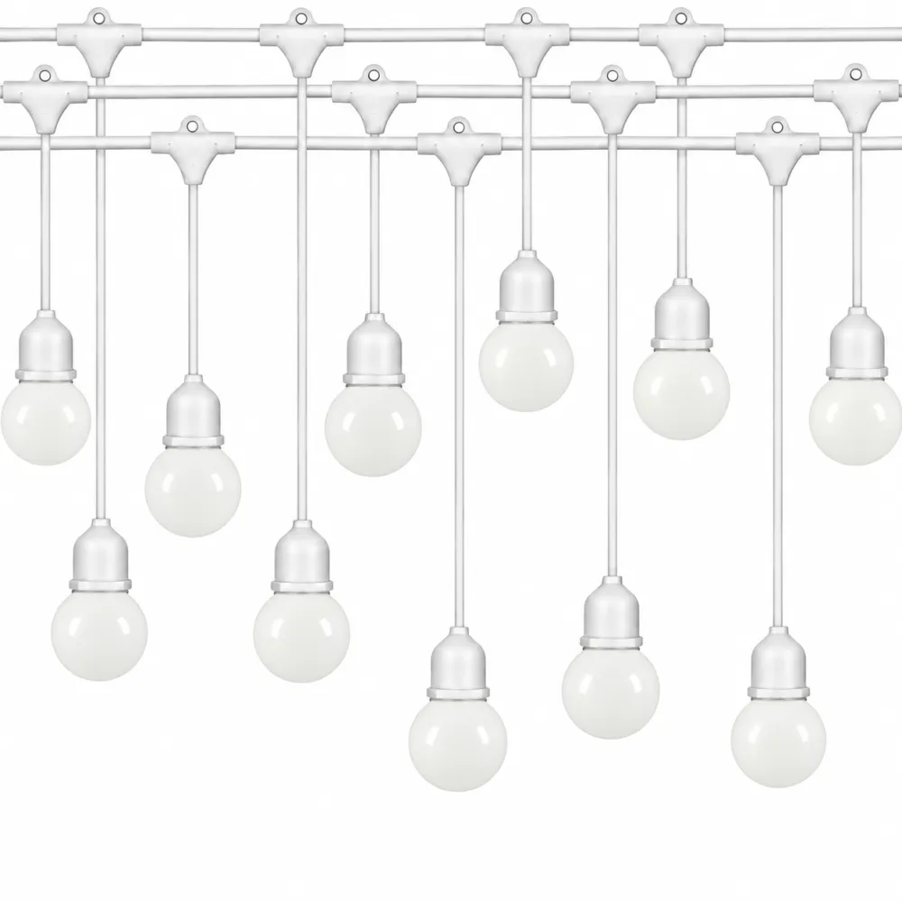 Ghirlanda Luminoasa 15M cu 15 Becuri LED Alb Mat, 3W, din Plastic, E27, Pendul Variabil 0.5 si 1M, Cablu Alb, Lumina Calda, Conectabila 345M, de Exterior