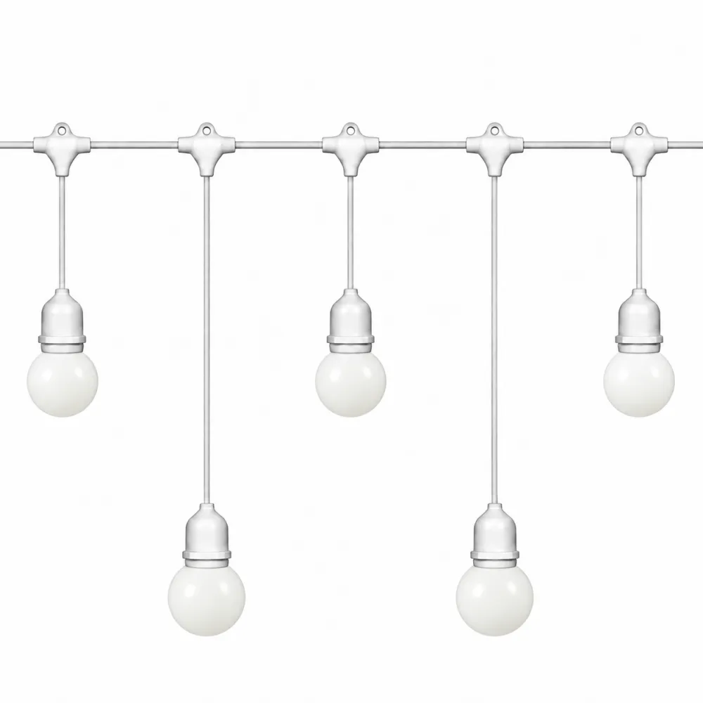 Ghirlanda Luminoasa 15M cu 15 Becuri LED Alb Mat, 3W, din Plastic, E27, Pendul Variabil 0.5 si 1M, Cablu Alb, Lumina Calda, Conectabila 345M, de Exterior