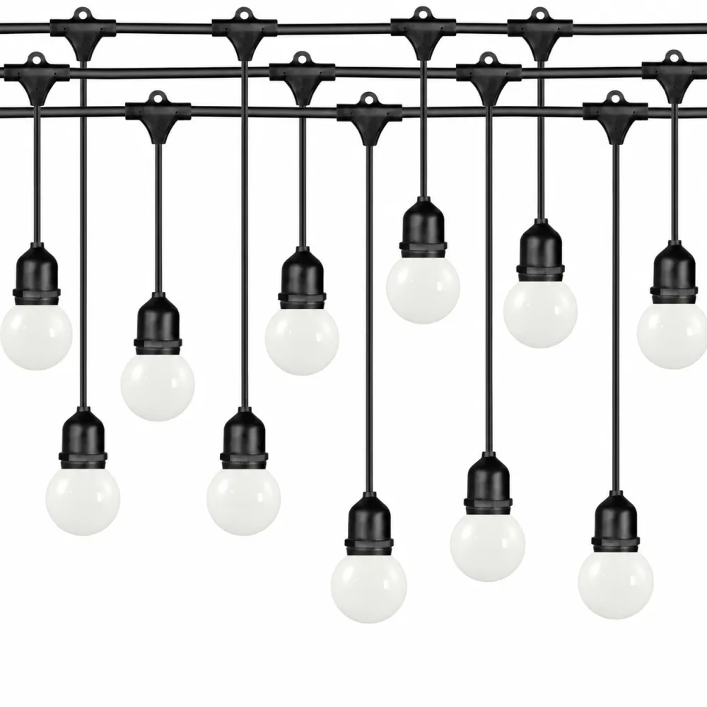 Ghirlanda Luminoasa 15M cu 15 Becuri LED Alb Mat, 3W, din Plastic, E27, Pendul Variabil 0.5 si 1M, Cablu Negru, Lumina Calda, Conectabila 345M, de Exterior