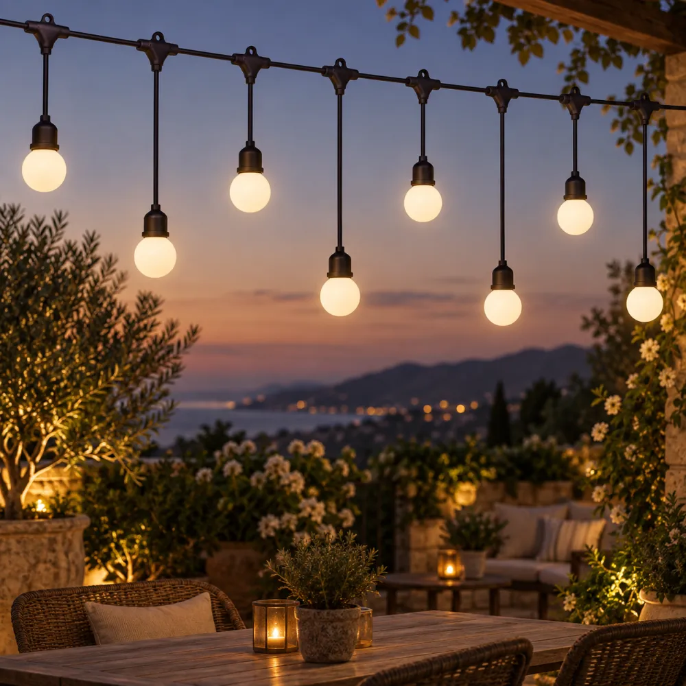 Ghirlanda Luminoasa 15M cu 15 Becuri LED Alb Mat, 3W, din Plastic, E27, Pendul Variabil 0.5 si 1M, Cablu Negru, Lumina Calda, Conectabila 345M, de Exterior