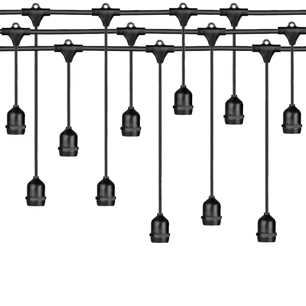 Ghirlanda Luminoasa 15M cu 15 Becuri LED Alb Mat, 3W, din Plastic, E27, Pendul Variabil 0.5 si 1M, Cablu Negru, Lumina Calda, Conectabila 345M, de Exterior