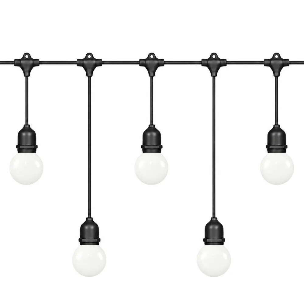 Ghirlanda Luminoasa 15M cu 15 Becuri LED Alb Mat, 3W, din Plastic, E27, Pendul Variabil 0.5 si 1M, Cablu Negru, Lumina Calda, Conectabila 345M, de Exterior