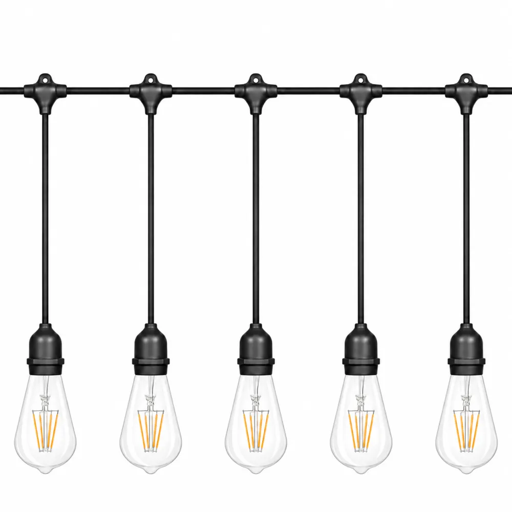 Ghirlanda Luminoasa 15M cu 15 Becuri LED, E27, 4W, ST64, Pendul 1M, Cablu Negru, Lumina Calda, Conectabila 240M, de Exterior