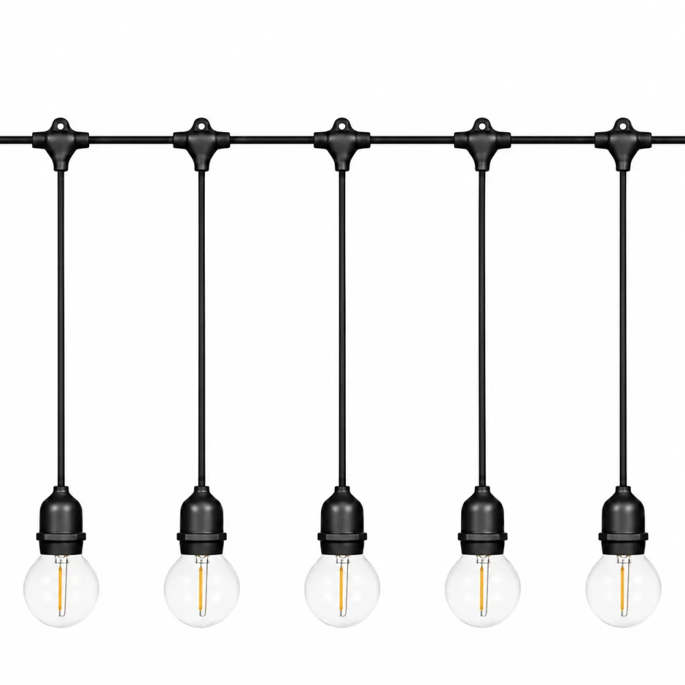Ghirlanda Luminoasa 15M cu 15 Becuri LED, E27, 1W, G50, Pendul 1M, Cablu Negru, Lumina Calda, Conectabila 990M, de Exterior