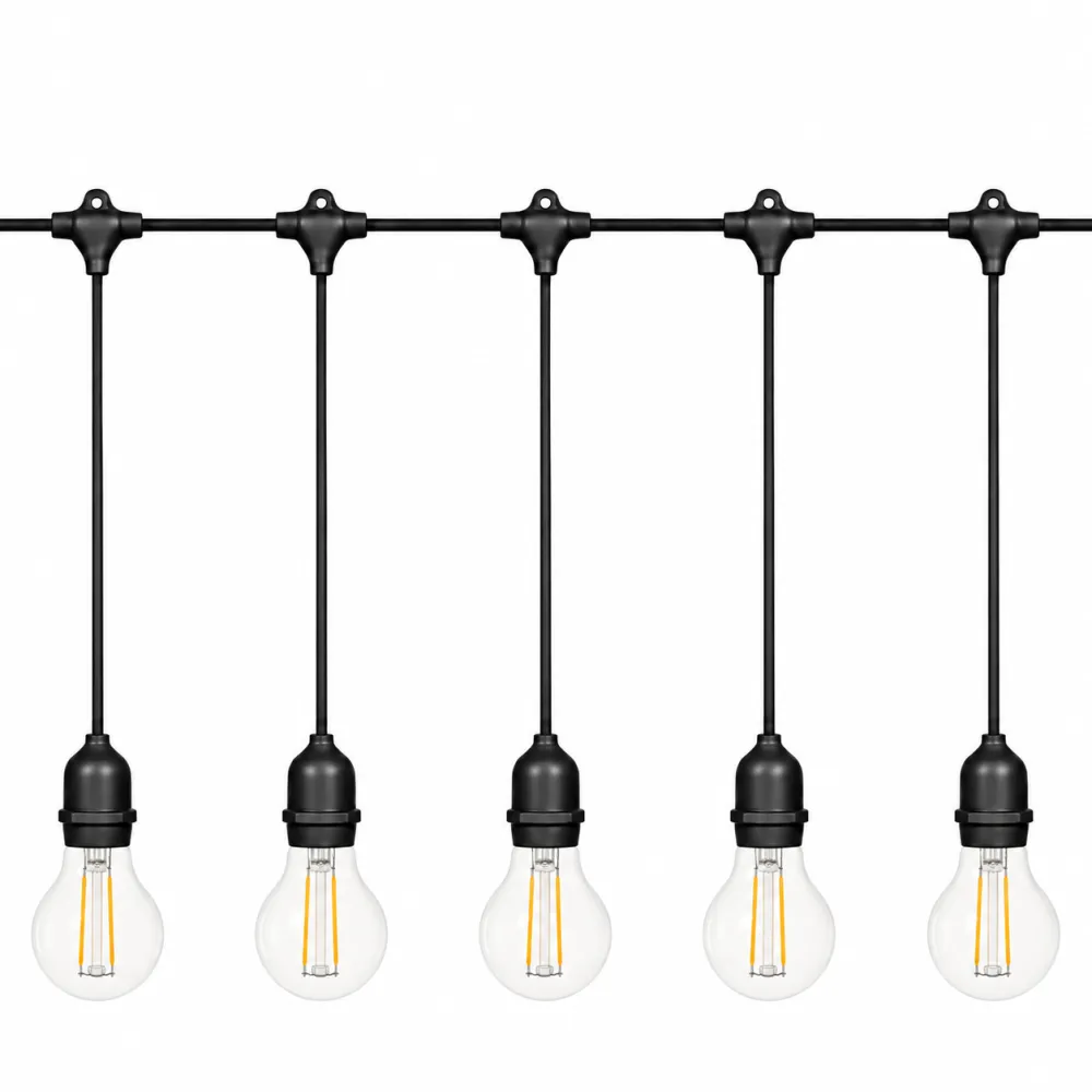 Ghirlanda Luminoasa 15M cu 15 Becuri LED, E27, 2W, din Plastic, Dimabil, A60, Pendul 1M, Cablu Negru, Lumina Calda, Conectabila 495M, de Exterior