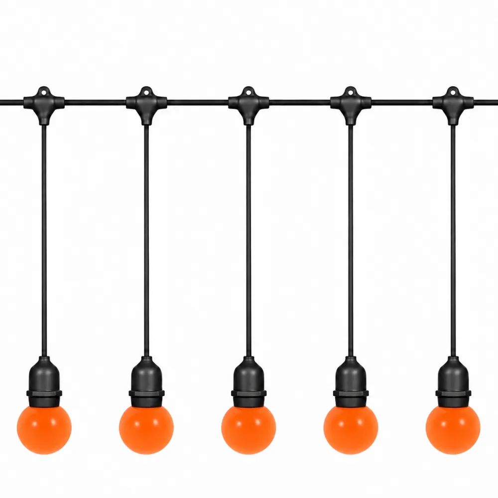 Ghirlanda Luminoasa 15M cu 15 Becuri LED, Portocalii, E27, 2W, din Plastic, Dimabile, G45, Pendul 1M, Cablu Negru, Lumina Calda, Conectabila 495M, de Exterior