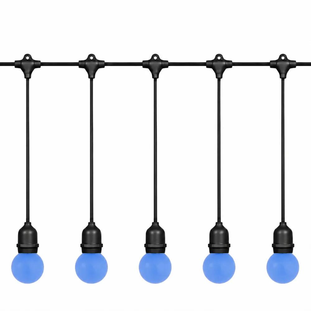 Ghirlanda Luminoasa 15M cu 15 Becuri LED, Albastre, E27, 2W, din Plastic, Dimabile, G45, Pendul 1M, Cablu Negru, Lumina Calda, Conectabila 495M, de Exterior