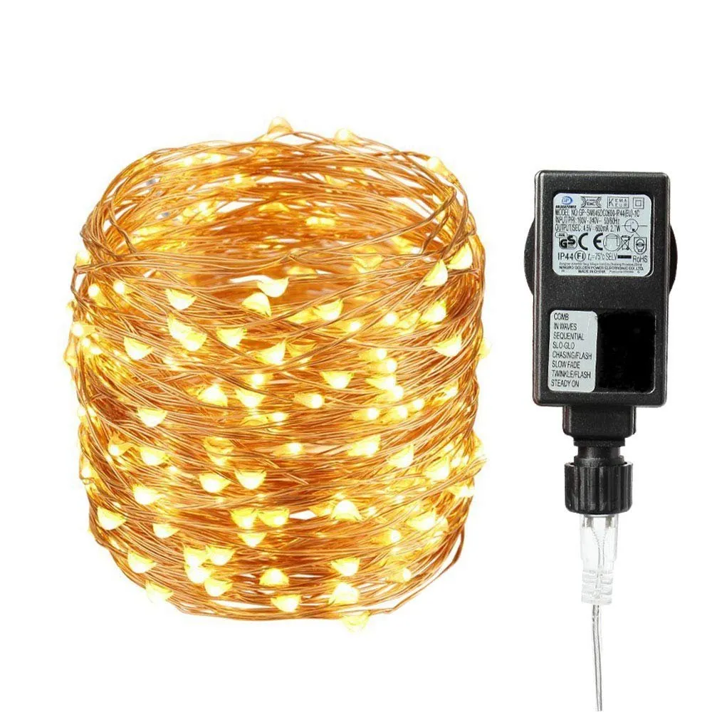 Ghirlanda Luminoasa Decorativa din Cupru 100M cu 2000 LEDuri, 8 Programe, Lumina Calda, cu Transformator, de Exterior