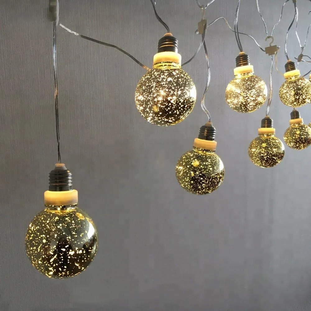Ghirlanda Luminoasa Decorativa 3.6M cu 10 Globuri Mari Aurii cu miniLEDuri, Cablu Transparent, Lumina Calda, de Exterior