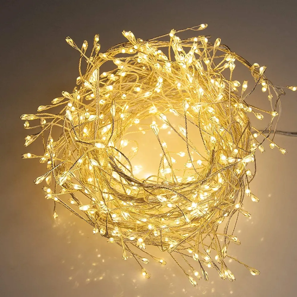 Ghirlanda Luminoasa Decorativa din Cupru Argintiu 50m cu 1000 LEDuri Tip Beteala, 8 Programe, Lumina Calda, cu Transformator, de Exterior