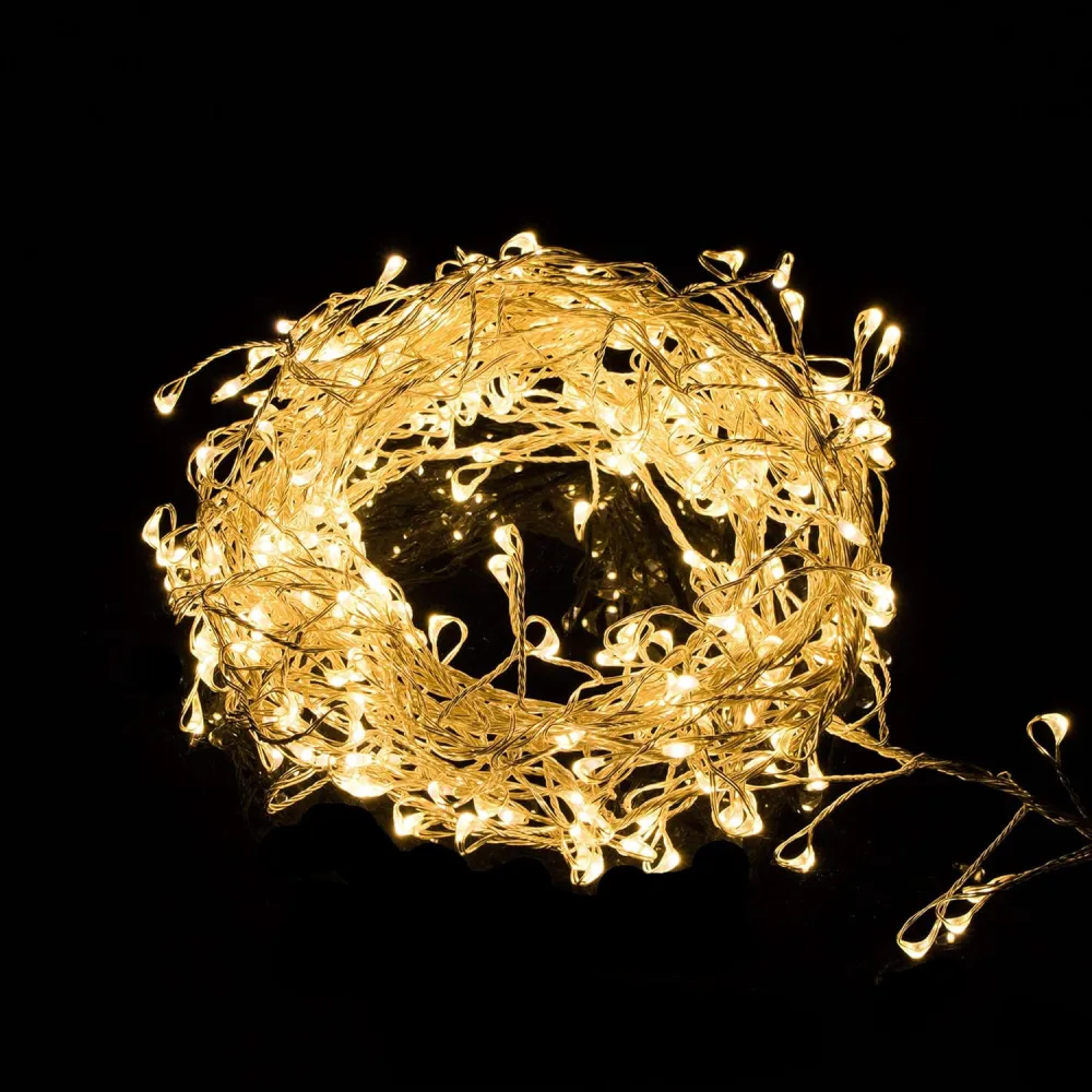 Ghirlanda Luminoasa Decorativa din Cupru Argintiu 100m cu 2000 LEDuri Tip Beteala, 8 Programe, Lumina Calda, cu Transformator, de Exterior