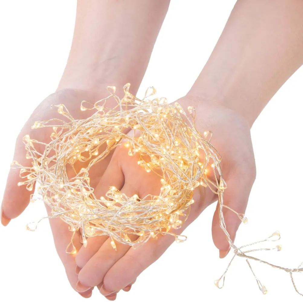 Ghirlanda Luminoasa Decorativa din Cupru Argintiu 100m cu 2000 LEDuri Tip Beteala, 8 Programe, Lumina Calda, cu Transformator, de Exterior