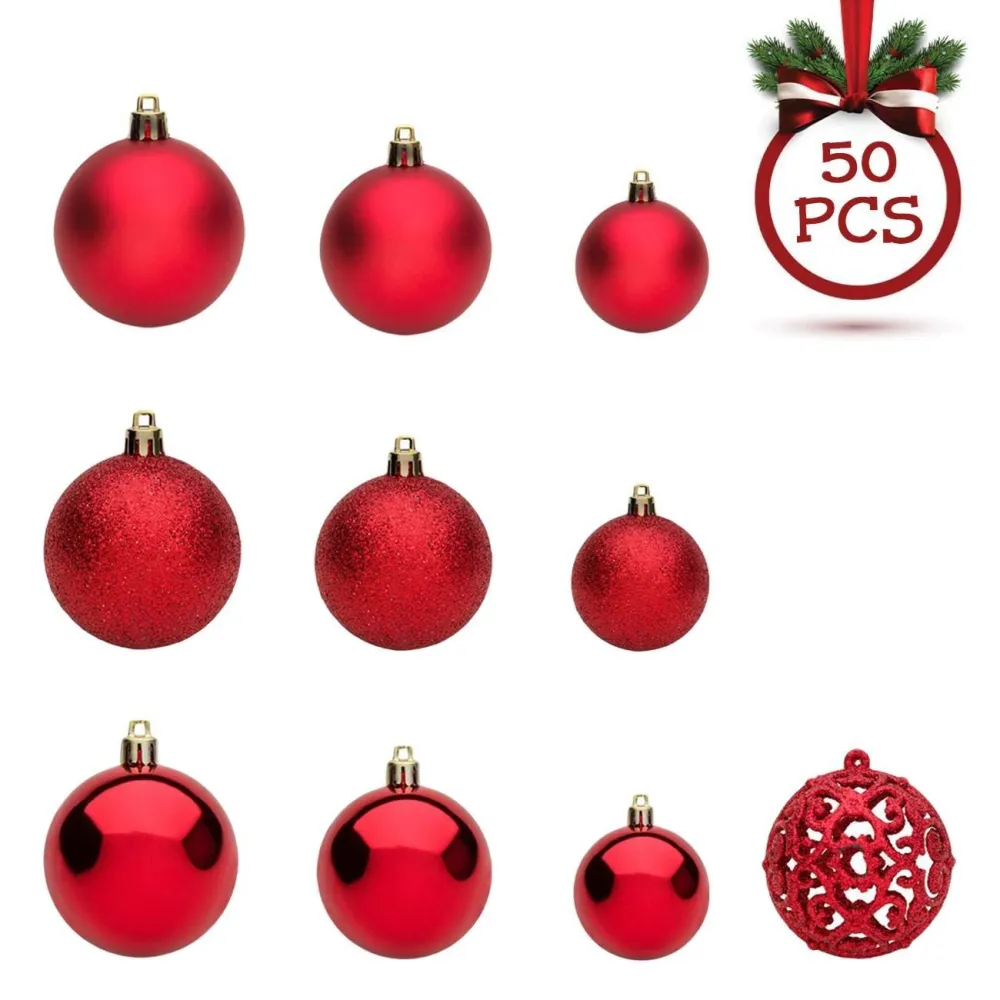 Set Globuri de Craciun Rosii Mat Stralucitoare Glitter 3-4-6cm - 50 buc.