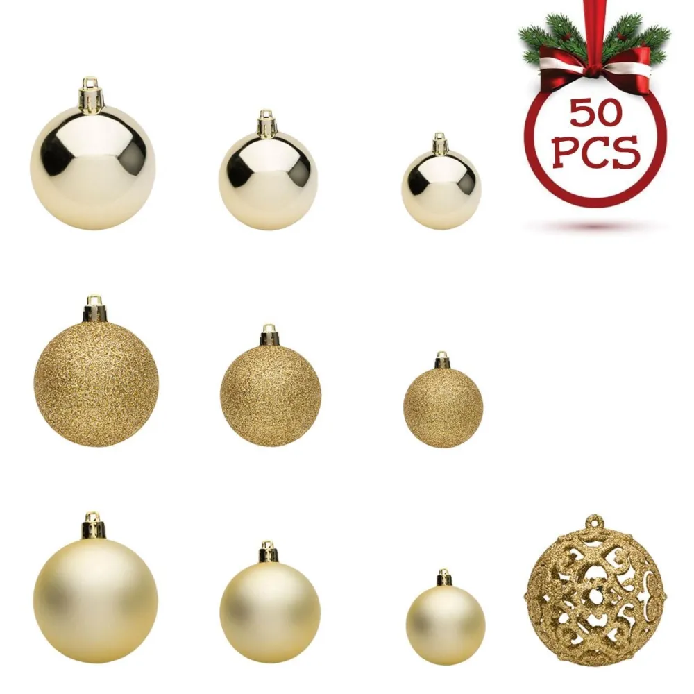 Set Globuri de Craciun Aurii Mat Stralucitoare Glitter 3-4-6cm - 50 buc.